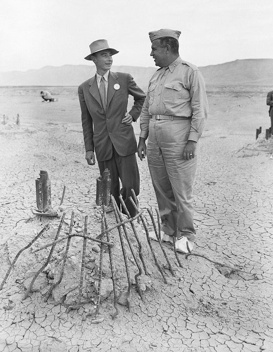 J. Robert Oppenheimer in his signature hat at the Trinity test site, 1945 (public domain)