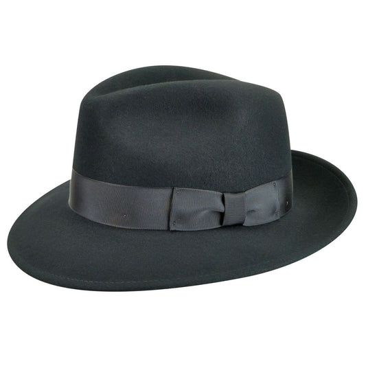 Classic black wool felt fedora with a center-dent crown