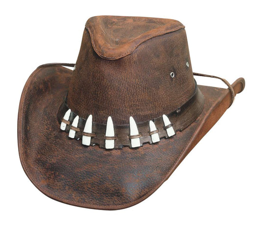 Leather outback hat with a teeth band — the Crocodile Dundee look