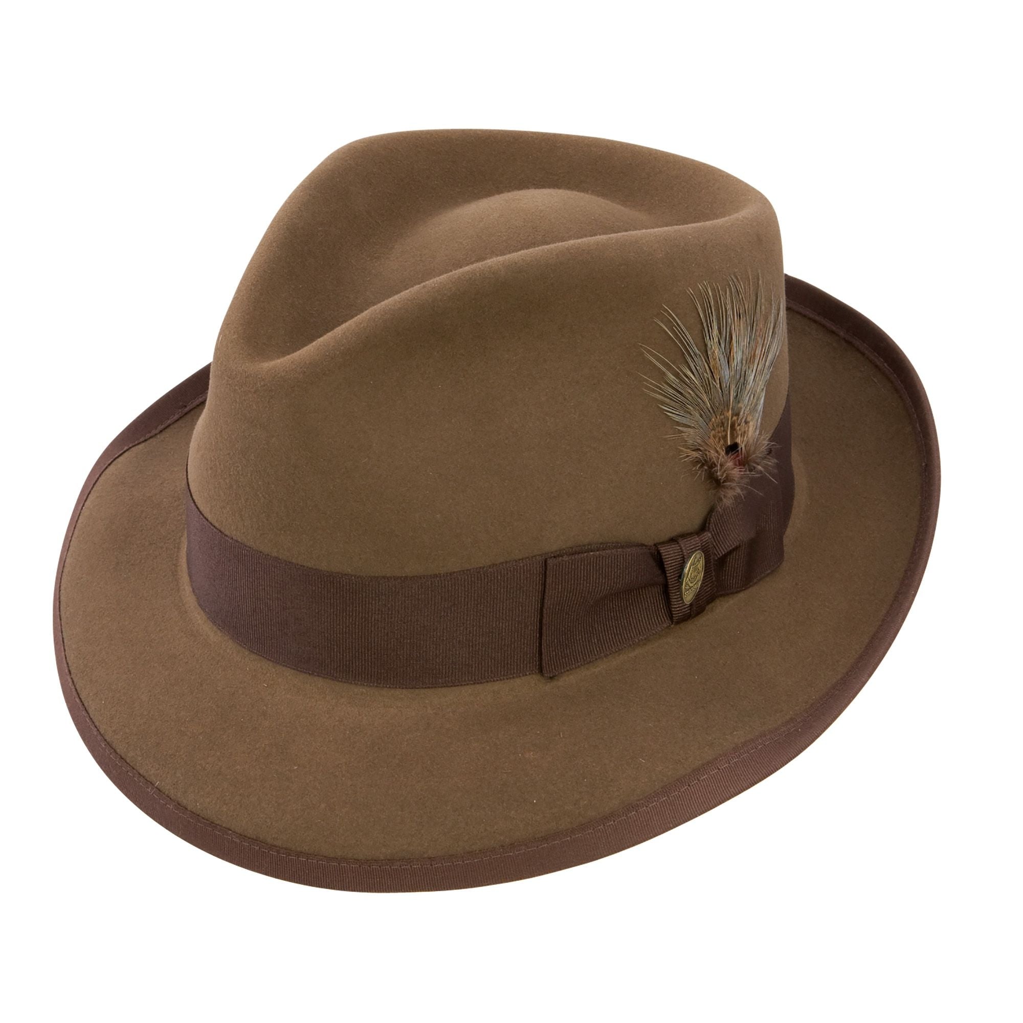 Royal Stetson Mens top Whippet Fedora Hat Brown Felt Grosgrain Band Feather 6 7/8.